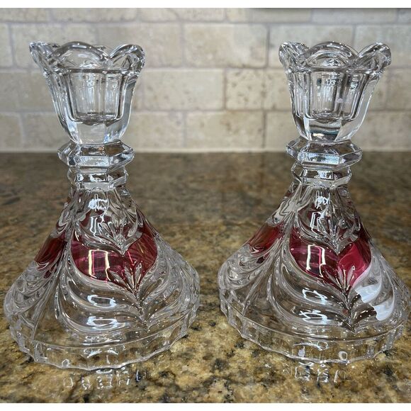 Anna Hutte‎ Candlestick Holders 5" Crystal Glass Double Sided With Red Accent - Picture 1 of 5